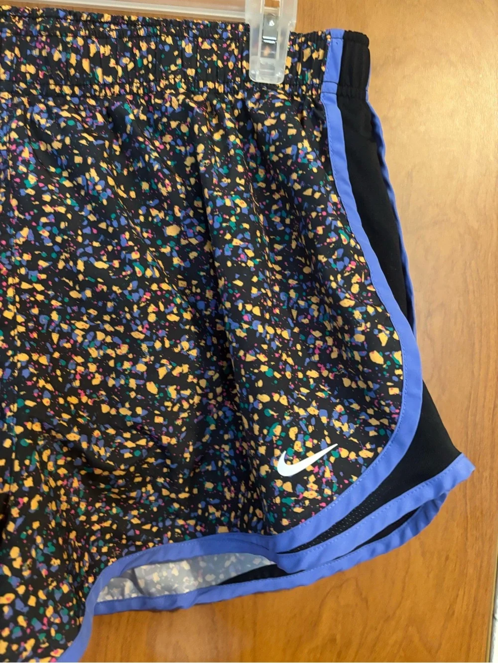E-1 Nike Black Multicolor Confetti Athletic Shorts with Purple Trim